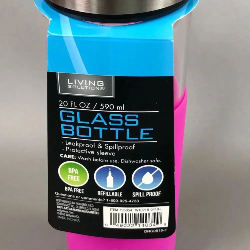 Living Solutions Pink BPA‑Free Glass Bottle • Silicone Sleeve • Leak‑Resistant